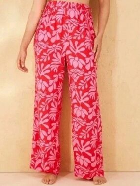 🆕Shade & Shore Red Wide Leg Floral Lounge Beach/Swim Coverup Pants Resortwear M